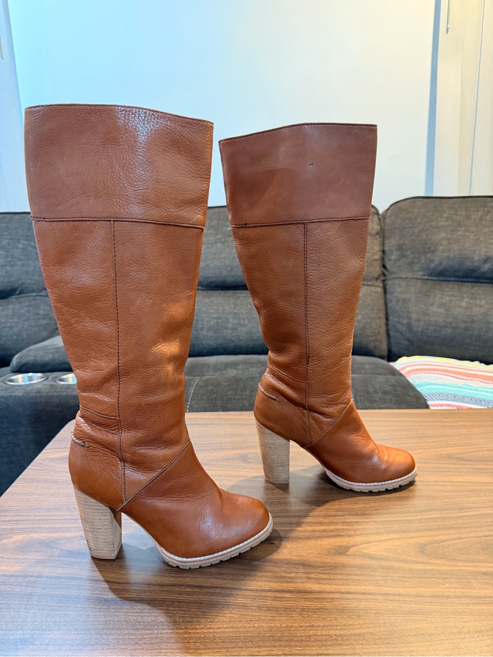 H&M Chestnut Brown Genuine Leather Knee-High Block Heel Boots Size 40 US 9